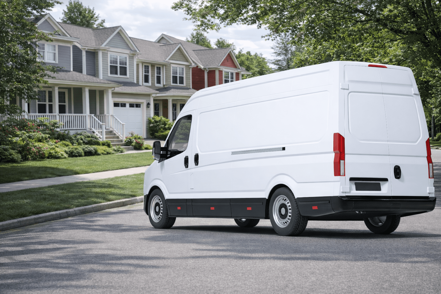 A white delivery van parked on a suburban street in front of colorful houses with porches, trees, and neatly trimmed lawns.
