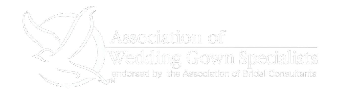 Logo of the Association of Wedding Gown Specialists with a stylized dove and text noting endorsement by the Association of Bridal Consultants.