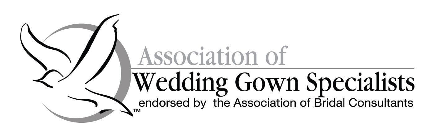 Logo for the Association of Wedding Gown Specialists, endorsed by the Association of Bridal Consultants, featuring a stylized dove.