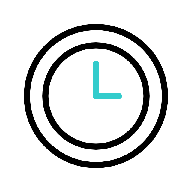 Simple black and turquoise line drawing of a clock showing the time as 3:00.