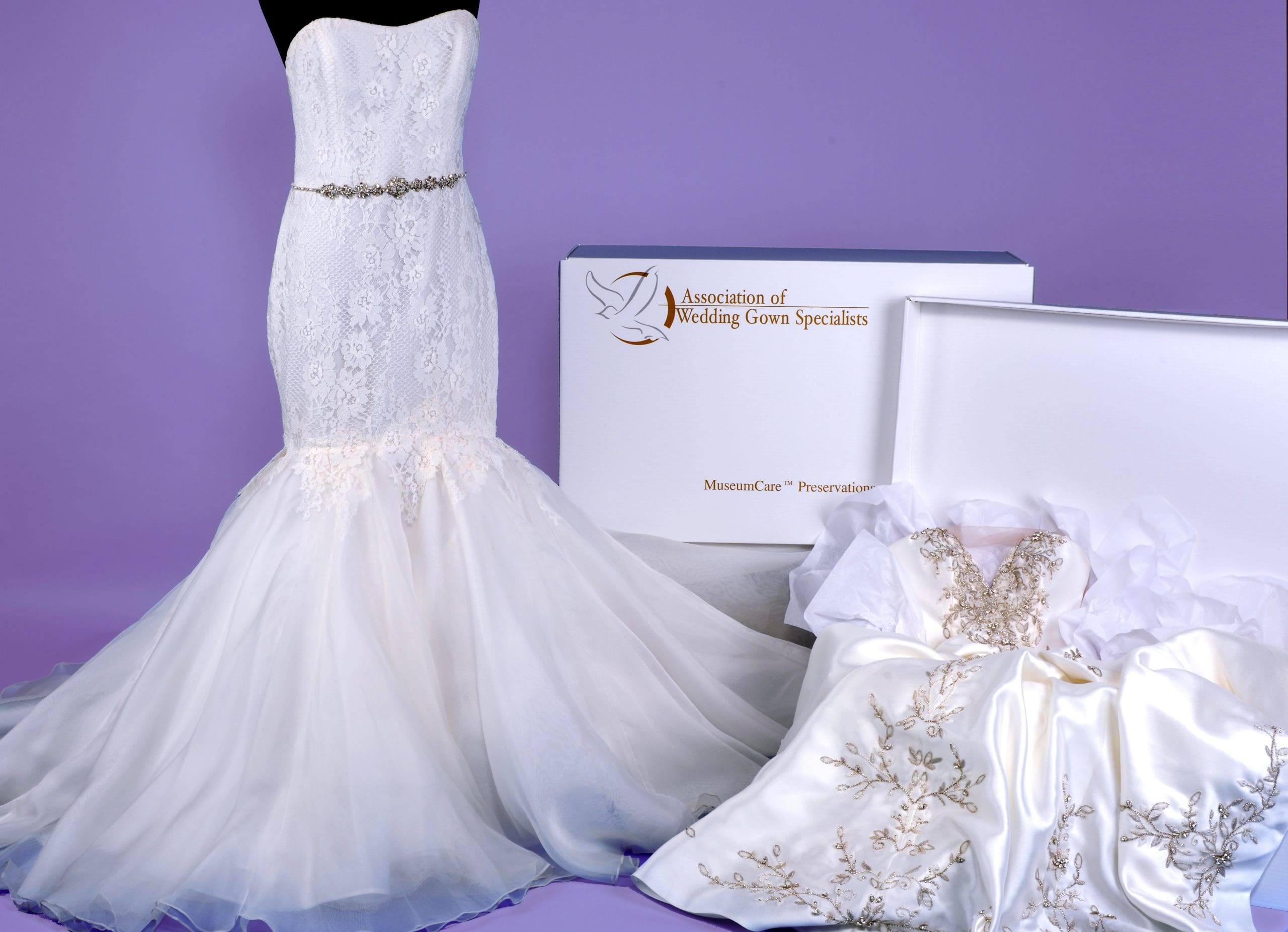 A white lace mermaid wedding gown stands next to a preserved, beaded baby dress and storage boxes labeled "Association of Wedding Gown Specialists" on a purple background.