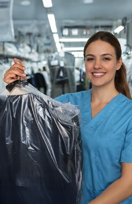A woman in blue scrubs holds a suit covered in plastic at a dry cleaning facility.