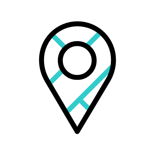 A simple map pin icon with blue lines representing a map, enclosed in a black outline on a white background.