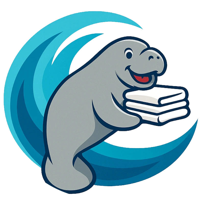 Cartoon manatee holding folded towels, with a blue wave in the background.