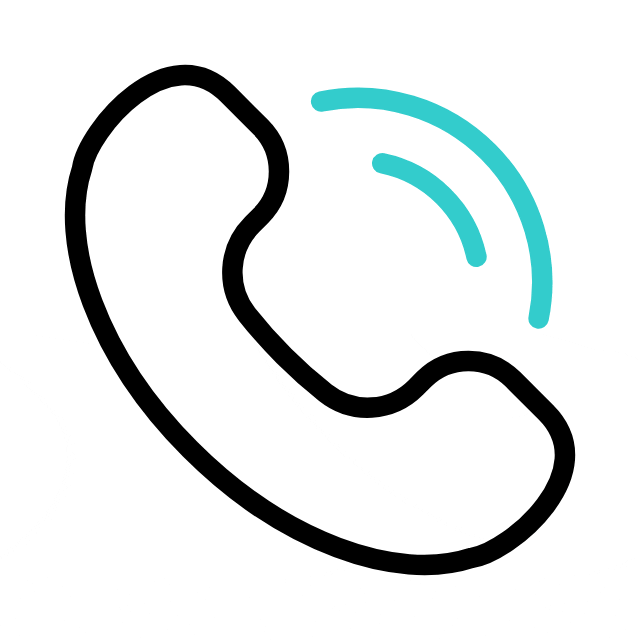 Black outline of a classic phone handset with two blue curved lines indicating sound or a call, on a white background.